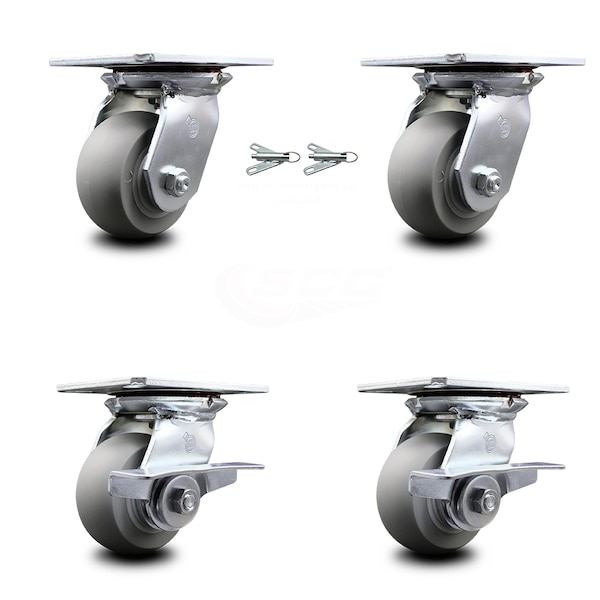 4 Inch Thermoplastic Rubber Swivel Caster Swivel Locks 2 Brakes SCC, 2PK